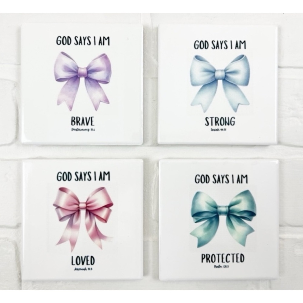 God Says I Am Coquette Bow 4 Piece Square Ceramic Coaster Non Slip Cork Back